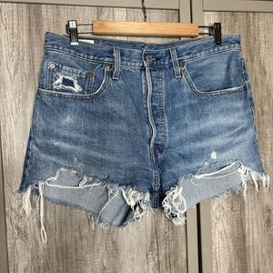 Levi’s Denim Shorts High Rise Cutout Button Fly Raw Hem Blue